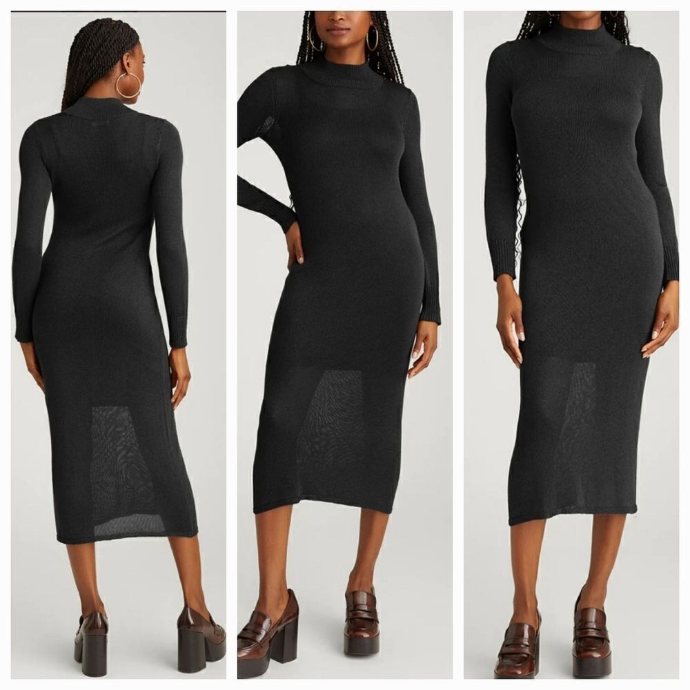 525 America Black Izabella Sheer Metallic Accent Mock Neck Midi Dress Size Small